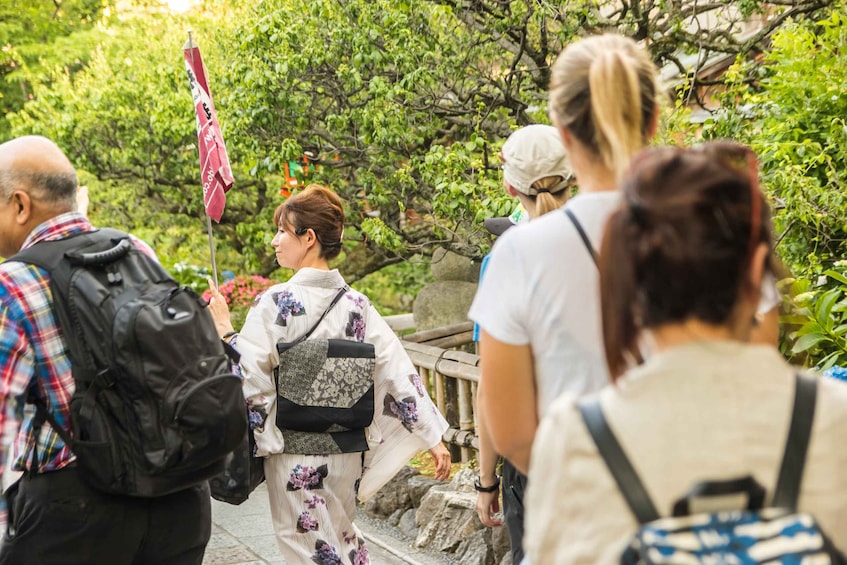 A group of people walking on a stone path surrounded by greenery. 2