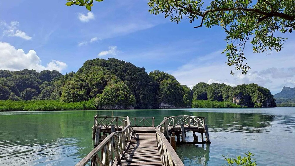A wooden dock extending into calm water, surrounded by lush green hills and a clear blue sky. 4
