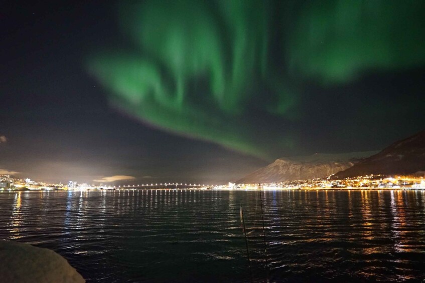 A coastal city at night with a view of the ocean and mountains. 3