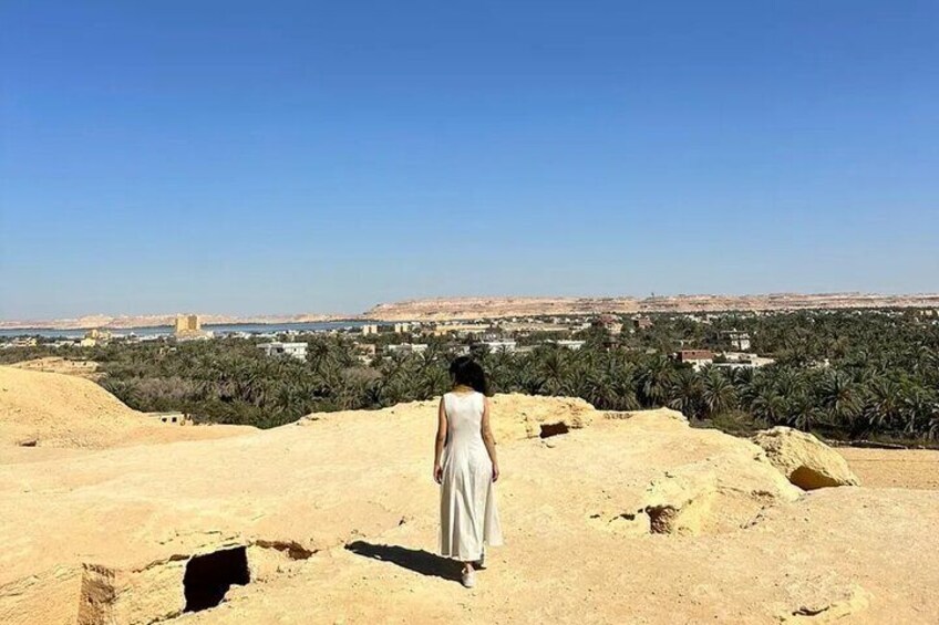 A person standing on a sandy terrain with a view of a cityscape in the distance. 4