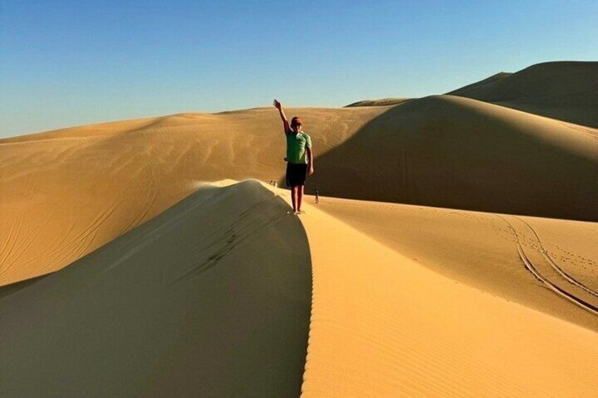 A person standing on a sand dune with a clear sky. 3