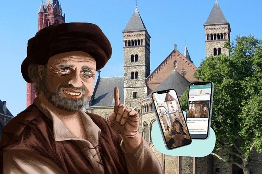 Una persona con abiti d'epoca che tiene in mano uno smartphone con un'applicazione di viaggio. 1