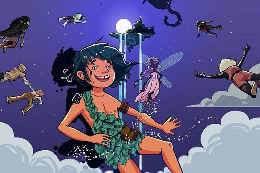 Un personnage vêtu d’une robe verte ornée d’un motif de feuilles, une fée, et d’autres personnages volant dans un ciel nocturne illuminé par la lune. 5