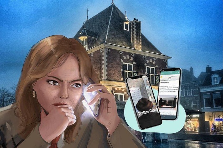 A person holding a smartphone with a photo of a building in the background. 1
