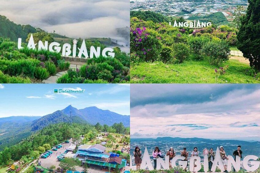 A mountainous landscape with a resort area, a clear sky, and the name 'LANGBIANG' prominently displayed. 1