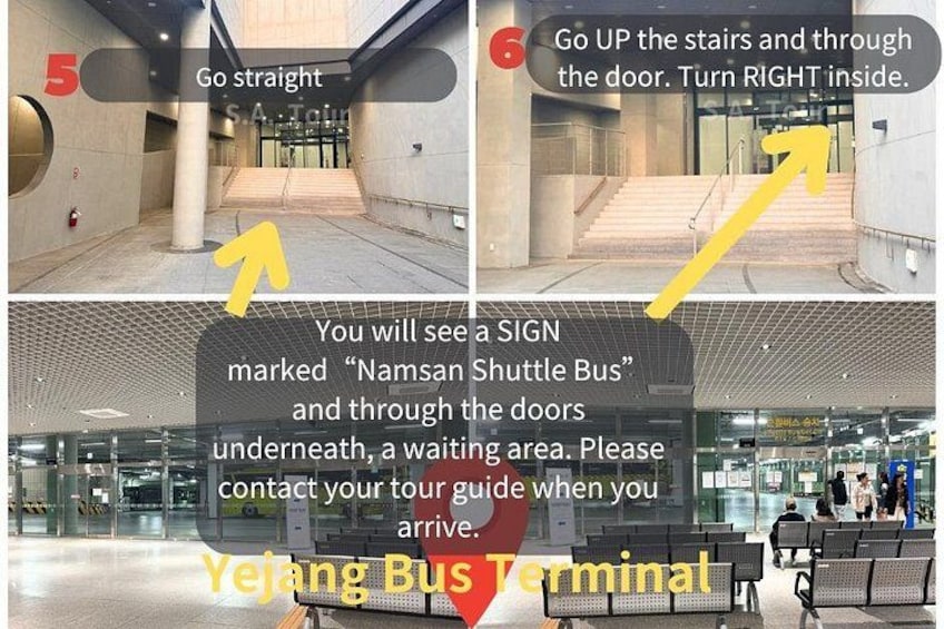 A bus terminal with clear signage for the Namsan Shuttle Bus and a waiting area. 2