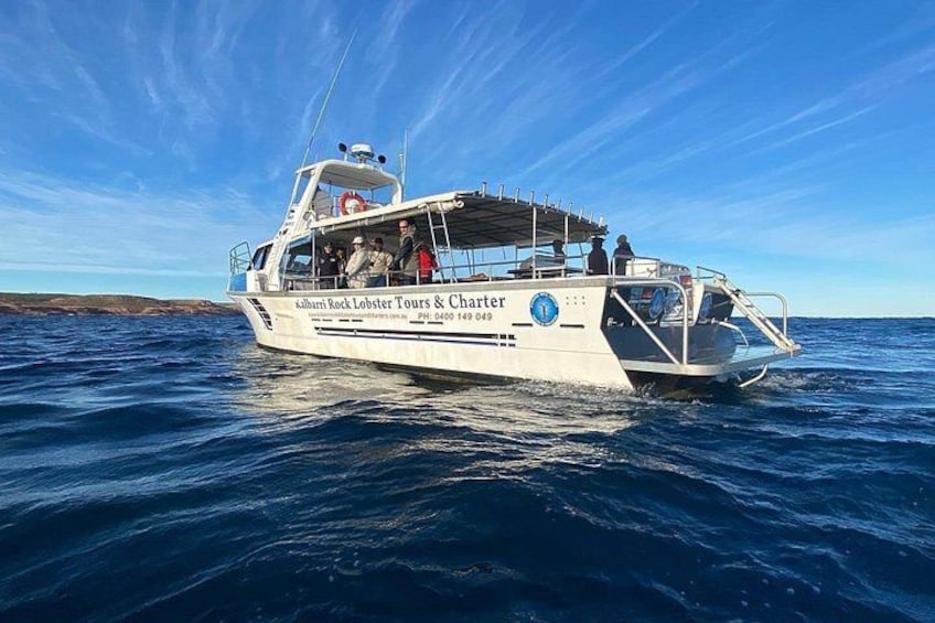 A boat with 'Salton Rock Lobster Tours & Charter' written on the side, sailing on the water. 3