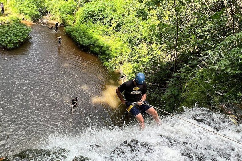 Iemand abseilt een waterval in een bebost gebied. 1