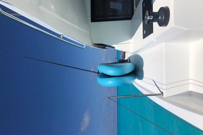 A boat's blue deck with a white railing and a blue life ring. 3