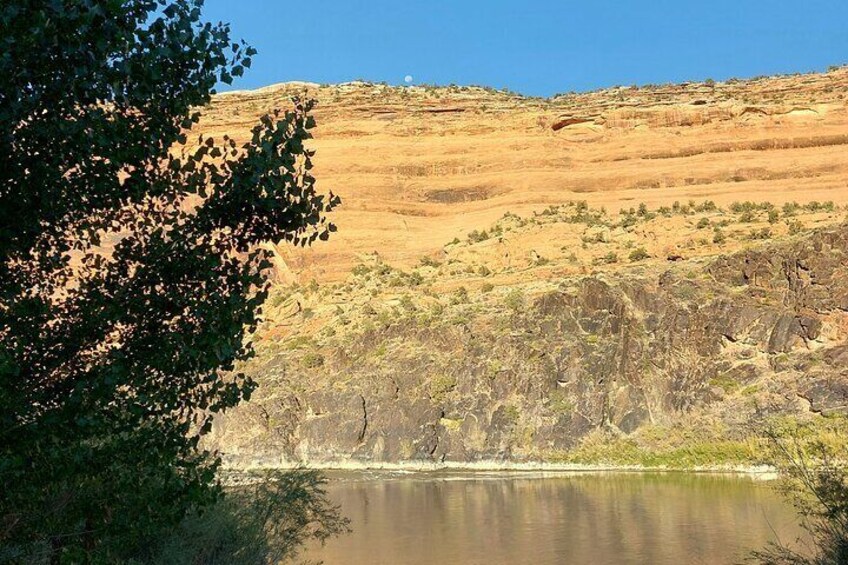 A calm lake surrounded by dry, hilly terrain with sparse vegetation and a clear sky. 5