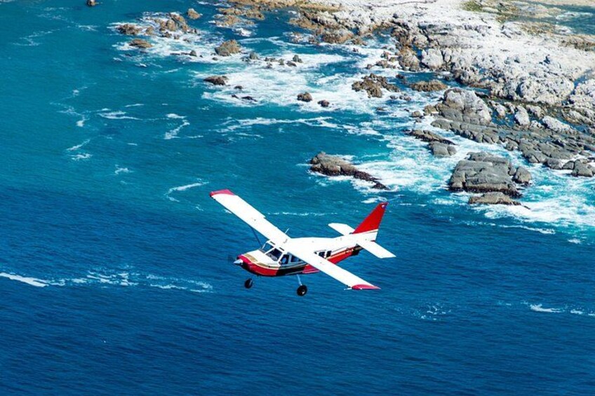 A small red and white seaplane flying over a rocky coastline with blue ocean water. 2