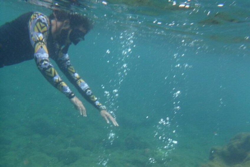 A person swimming underwater. 5