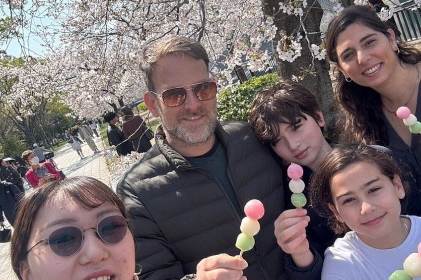 A group of people holding colorful balloons in a park with cherry blossoms. 4