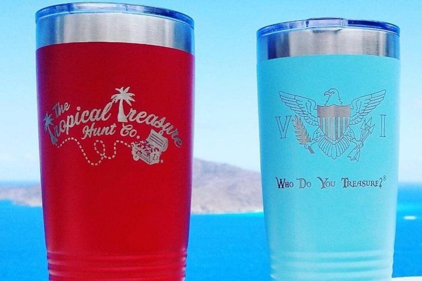 Explore the island with these 20 oz high quality tumblers with the Tropical Treasure Hunt logo and the VI flag. 4