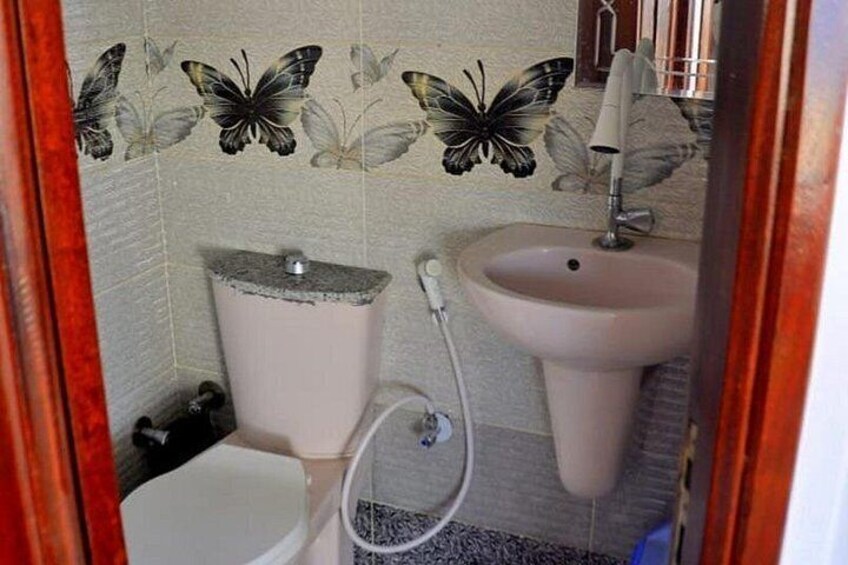 Un bagno con il water, lavandino e piastrelle decorative a forma di farfalla. 3