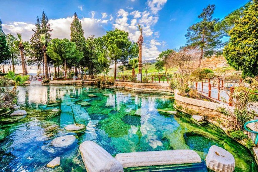 Piscina azul cristalina con rocas, rodeada de árboles y una valla. 2