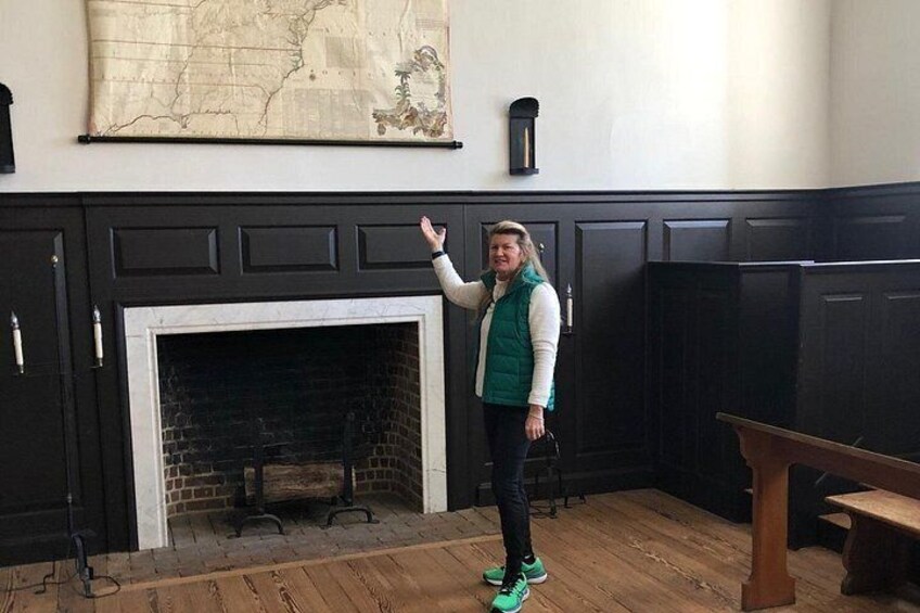 Inside the 18th Century classroom at the Wren Building with one of your tour guides 2
