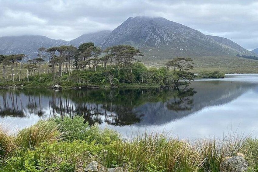 A lake surrounded by trees and mountains. 4