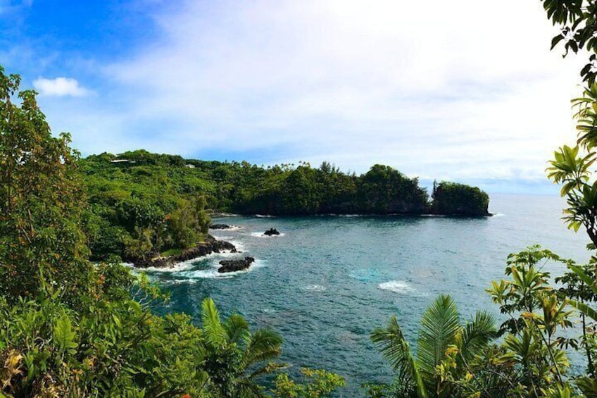 Un paysage côtier caractérisé par une végétation luxuriante et verdoyante, un ciel bleu dégagé et une mer calme. 2