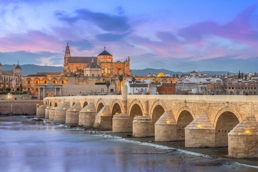 A stone bridge with arches, a historic building with domes, and a river. 3