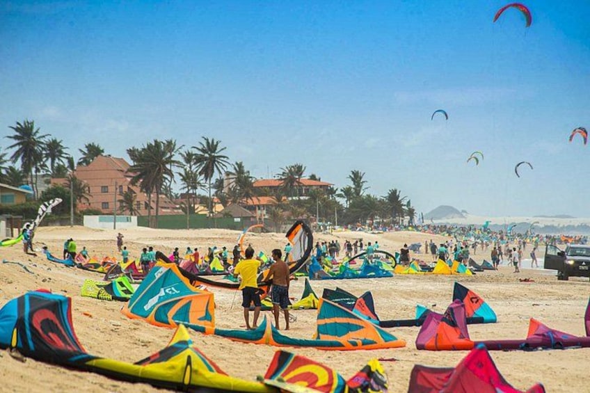 A beach with colorful kites and tents, palm trees, and a clear sky. 3