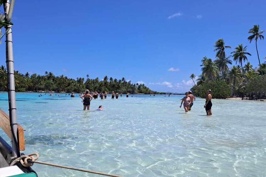 A beach with clear turquoise water, palm trees, and people swimming and walking. 3