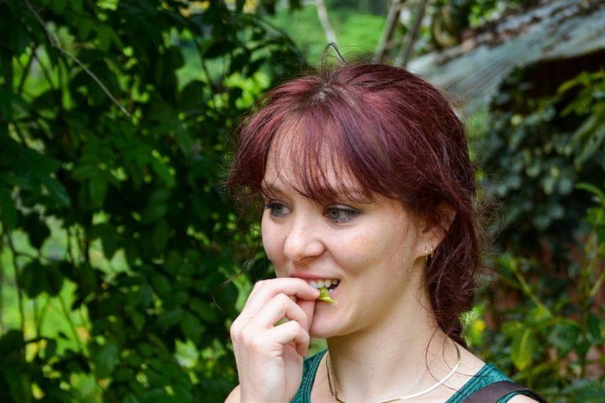 A person with red hair, wearing a green top, holding a small green object near their mouth. 3