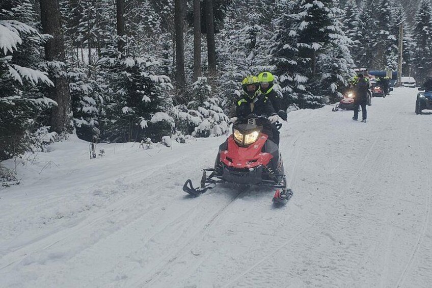 Un motoneige sur une route enneigée, avec des arbres de chaque côté. 5