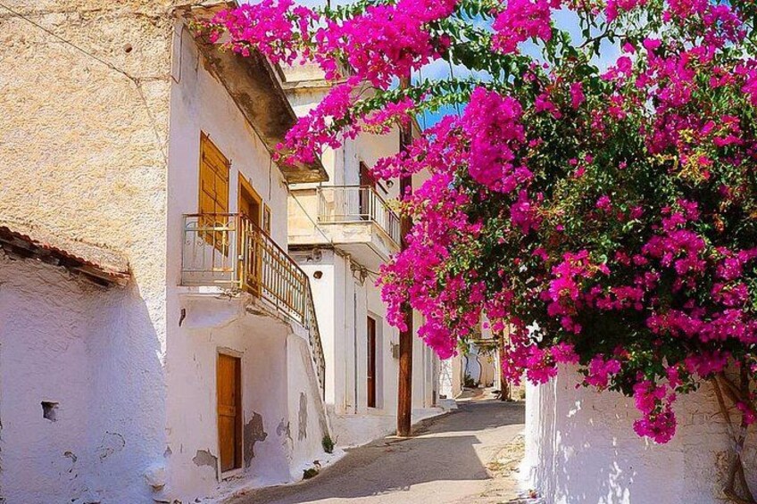 A narrow street flanked by white buildings with balconies, a pink bougainvillea tree, and a clear blue sky. 1