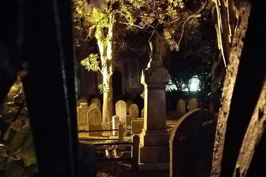 A cemetery at night with tombstones and a tree. 2