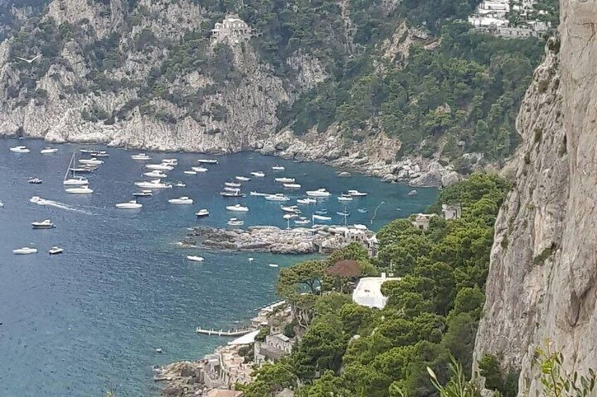 Un paysage côtier caractérisé par des falaises rocheuses, une marina avec des bateaux et une végétation luxuriante. 4