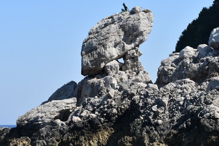 Un paysage rocheux où l’on voit une personne debout sur une grande formation rocheuse. 2