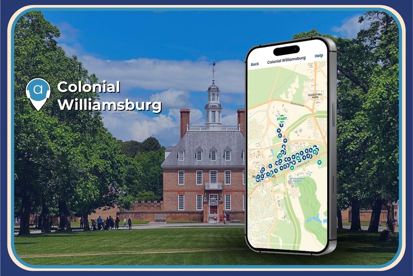 Colonial Williamsburg with a historic building and a map on a smartphone. 4