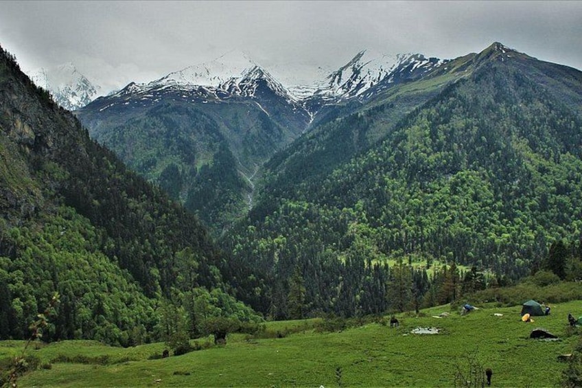 A mountainous landscape with a valley, a grassy field, and a few tents. 3
