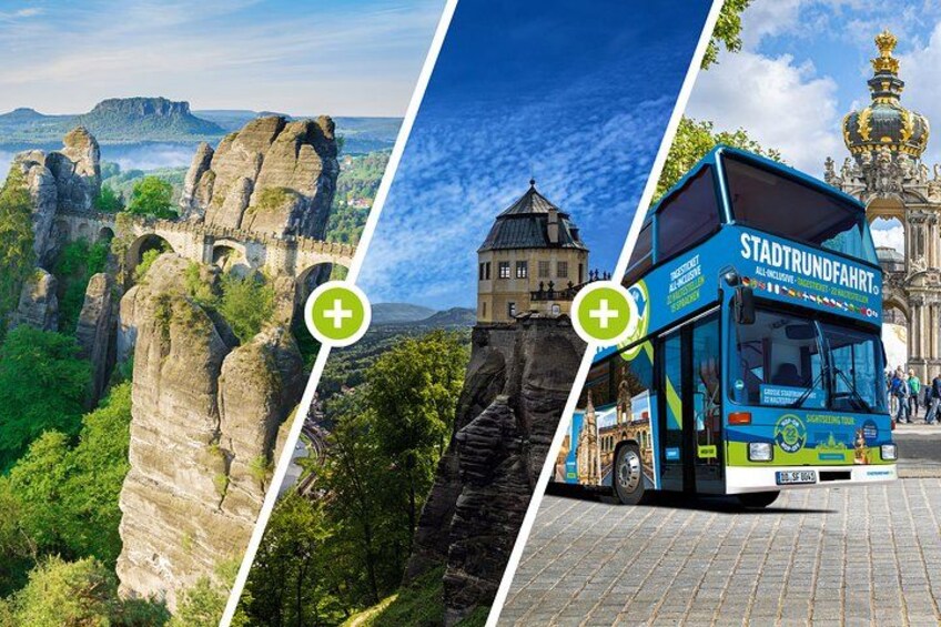 Un autobus sur lequel on peut lire « Stadtverkehr », un bâtiment historique et des formations rocheuses. 1