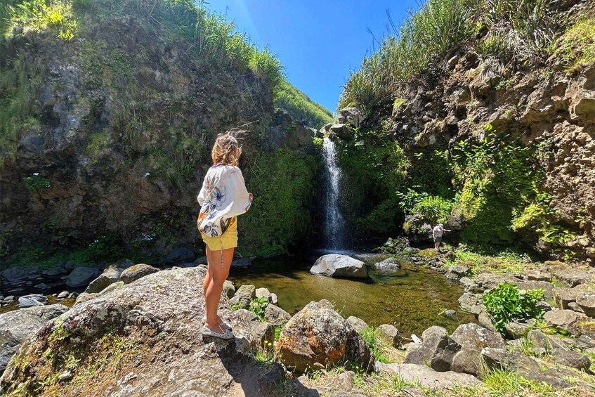 A person standing on rocks near a waterfall in a forested area. 1