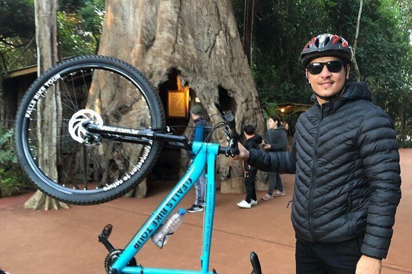 A person standing next to a blue bicycle with a large front wheel, in a natural setting with trees and a rock formation in the background. 2