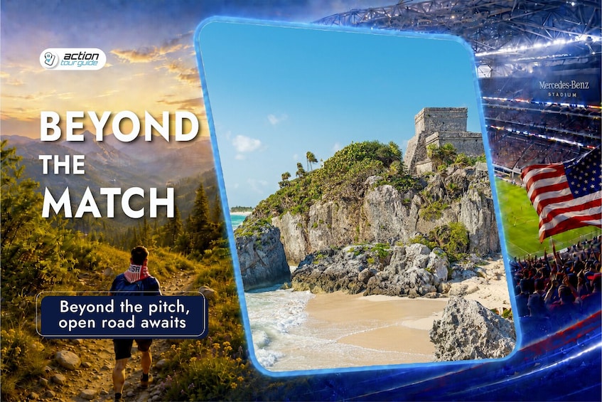 A person hiking, a beach with a rock formation, and a stadium with an American flag. 3