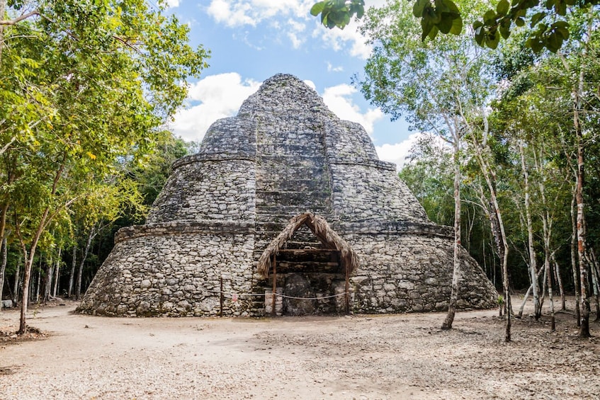 A stone pyramid structure surrounded by trees. 5