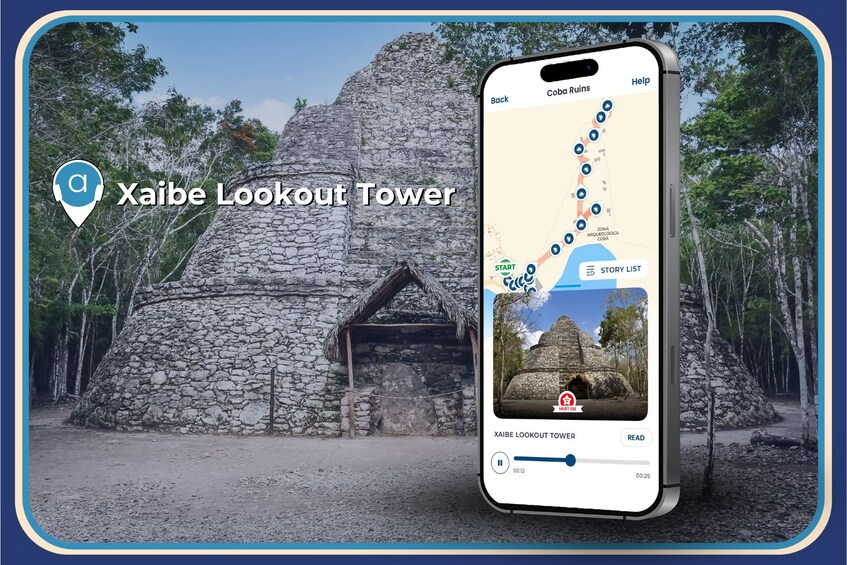 A smartphone displaying a map with a marked path leading to the Xaibe Lookout Tower, surrounded by trees and a stone structure. 5