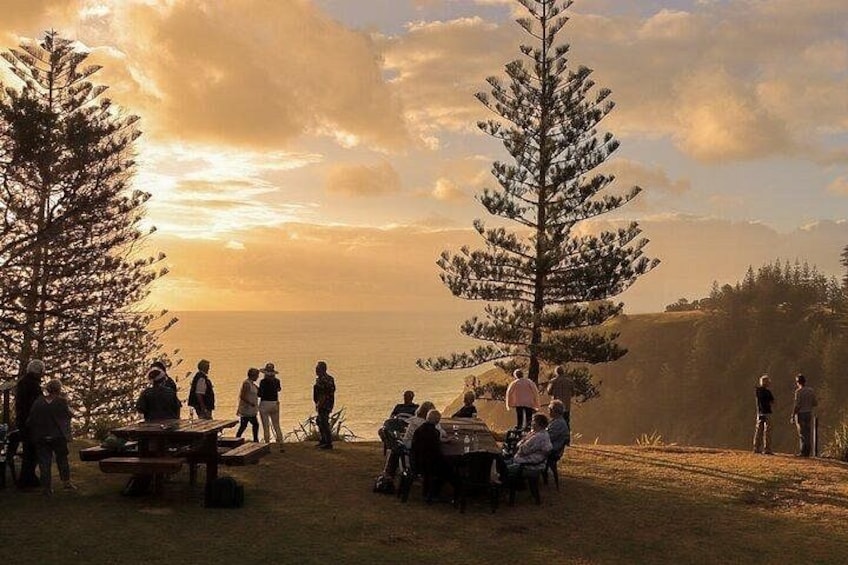 A group of people gathered around a picnic table in a forested area with a view of the ocean at sunset. 3