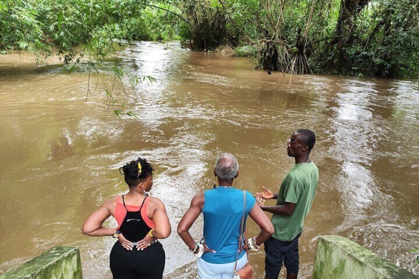 Tre persone in piedi vicino a un fiume fangoso, circondate da vegetazione lussureggiante. 5