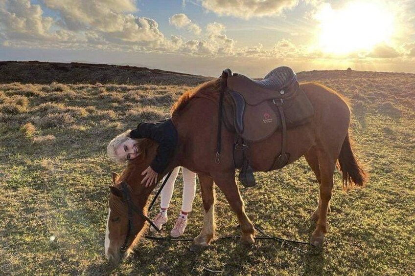 Una persona abrazando un caballo en un campo cubierto de hierba, con una silla de montar. 4