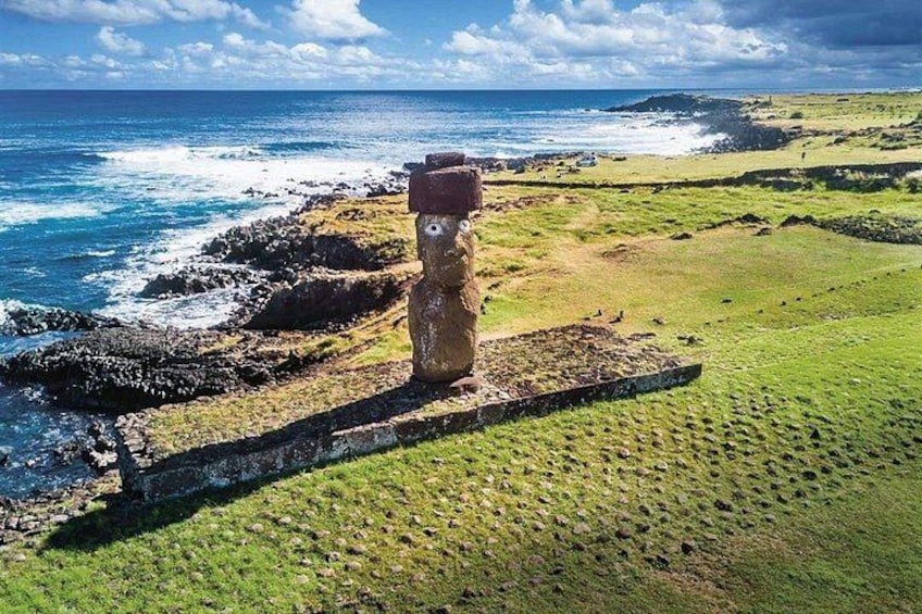 A stone head statue on a grassy hill by the ocean. 4