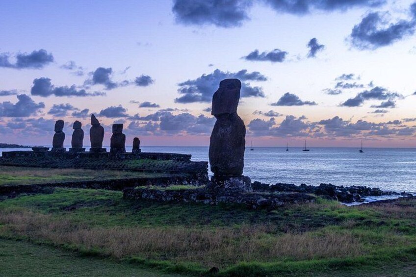 A row of Moai statues on Easter Island at sunset. 2