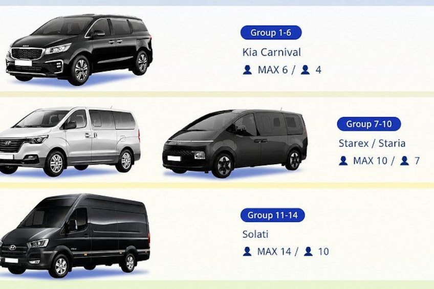 Three different minivan models: Kia Carnival, Starex/Staria, and Solati. 5