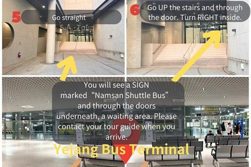 A bus terminal with clear signage for the Namsan Shuttle Bus, including directions to the waiting area. 4