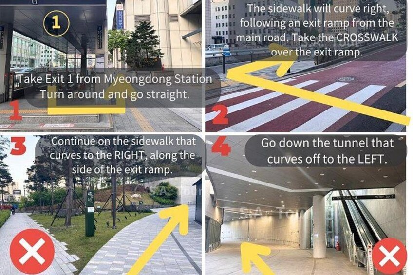 A four-step navigation guide for a pedestrian route. 3