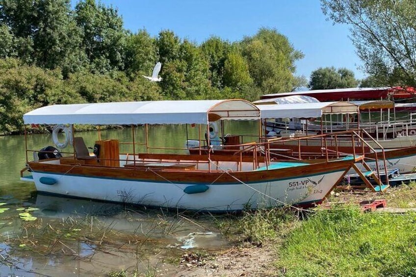 A wooden boat with a white canopy, docked near a riverbank with trees and a bird in flight. 2