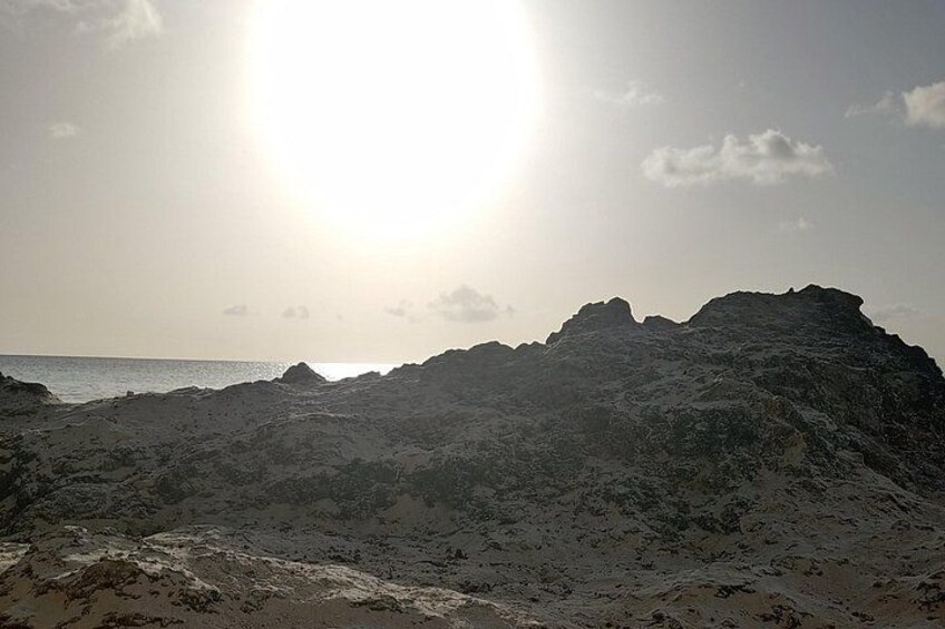 Una playa rocosa con el sol brillando. 2